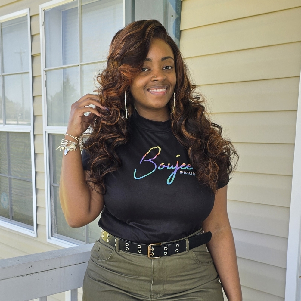 Fashion Nova Black Bodysuit with Rainbow Script